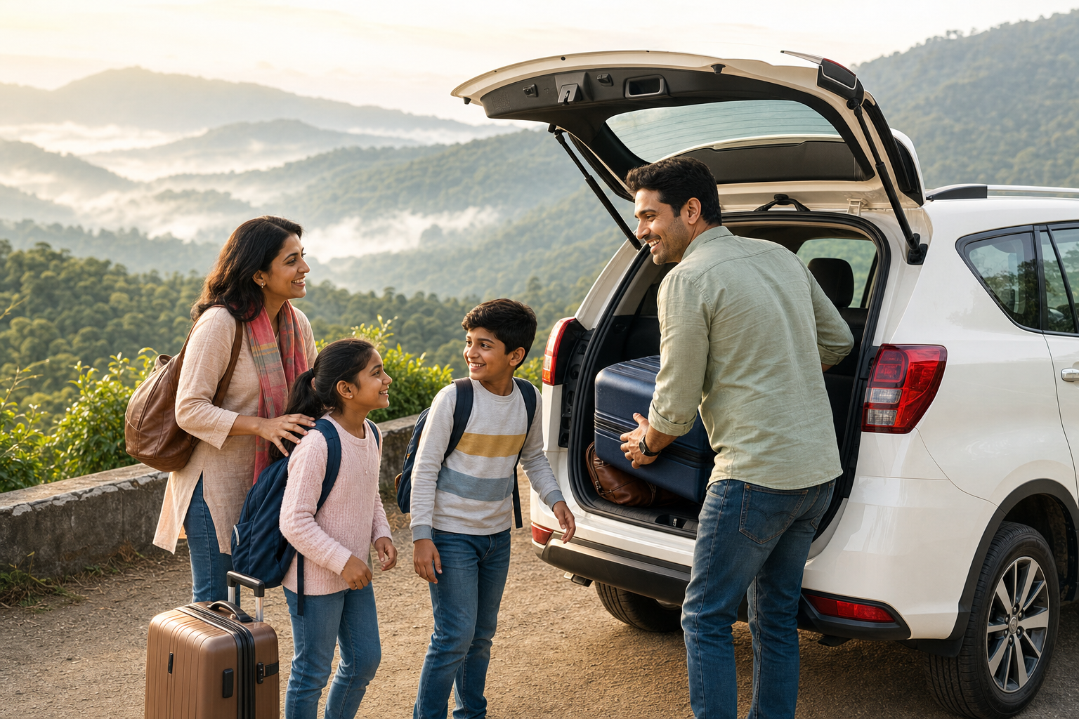 Indian family beginning a comfortable Brundha outstation trip in Karnataka